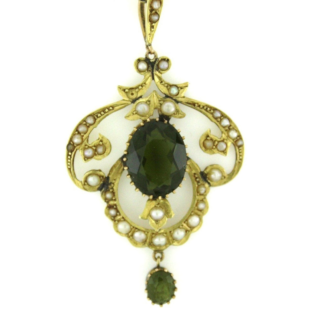 Antique Green Tourmaline and Seed Pearl Pendant