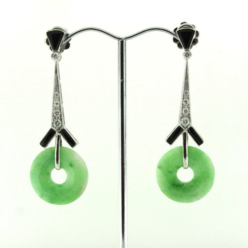 9ct White Gold Jadeite, Onyx and Diamond Drop Earrings