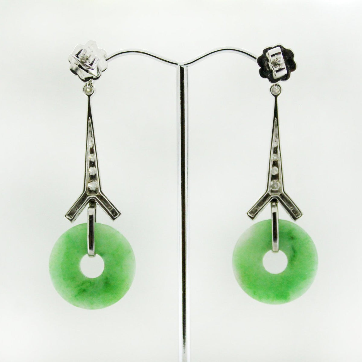 9ct White Gold Jadeite, Onyx and Diamond Drop Earrings