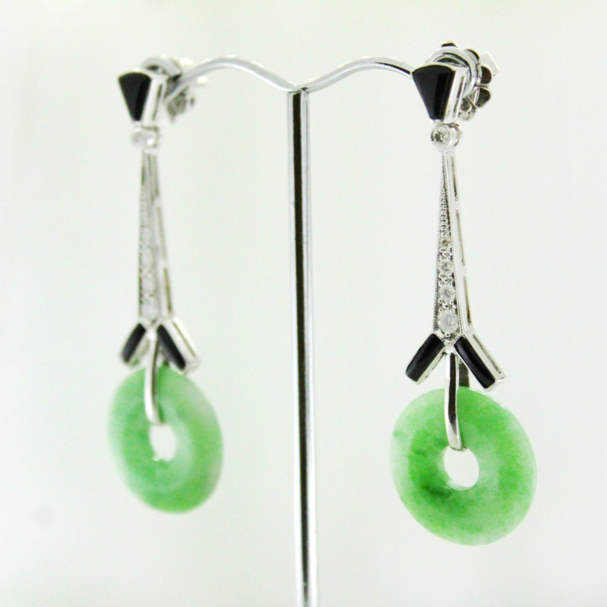9ct White Gold Jadeite, Onyx and Diamond Drop Earrings