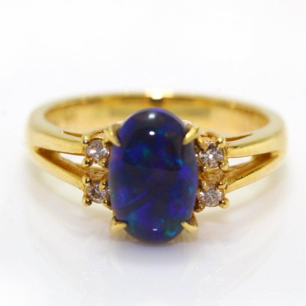 18ct Yellow Gold Solid Black Opal and Diamond Ring