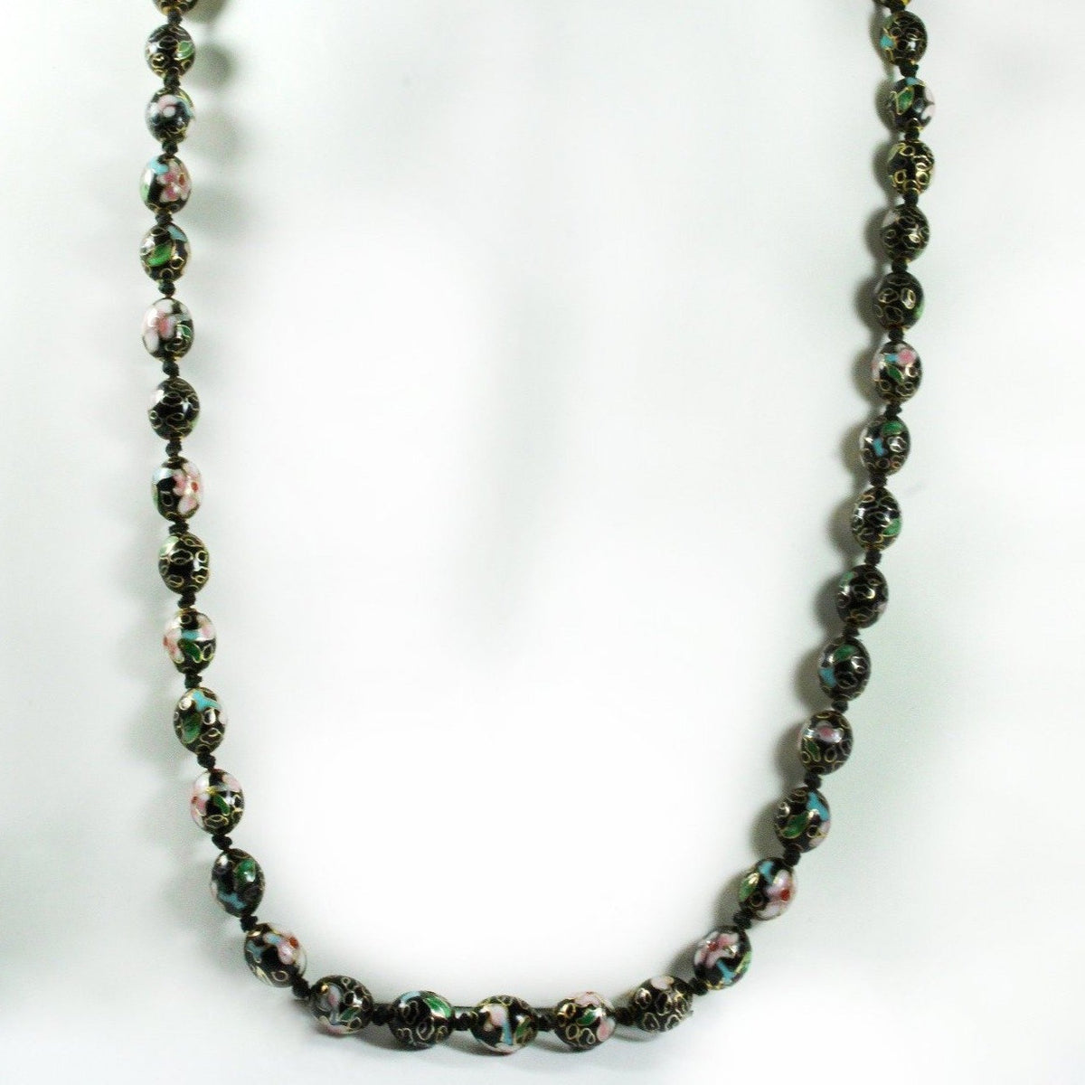 Antique Black Floral Cloisonné Enamel Beaded Necklace