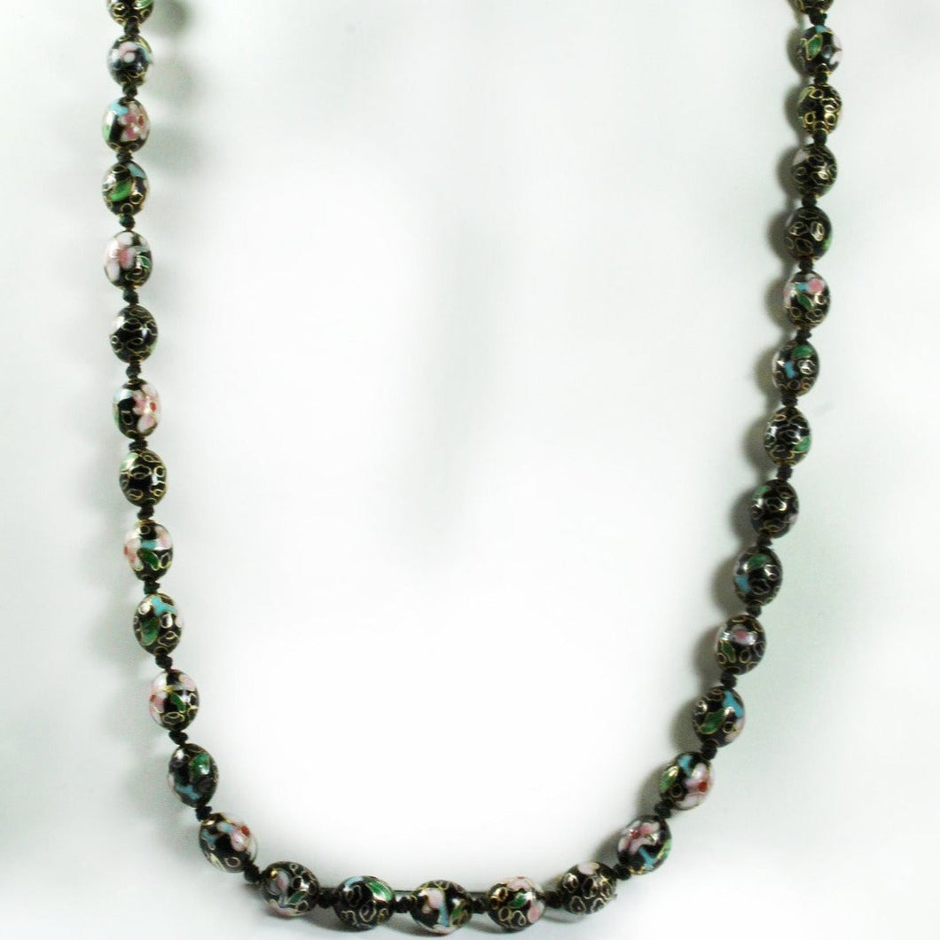 Antique Black Floral Cloisonné Enamel Beaded Necklace