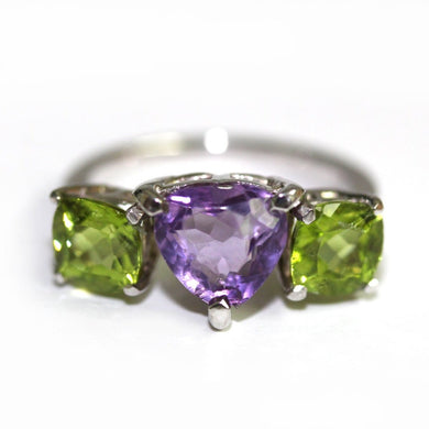 9ct White Gold Amethyst and Peridot Heart Ring