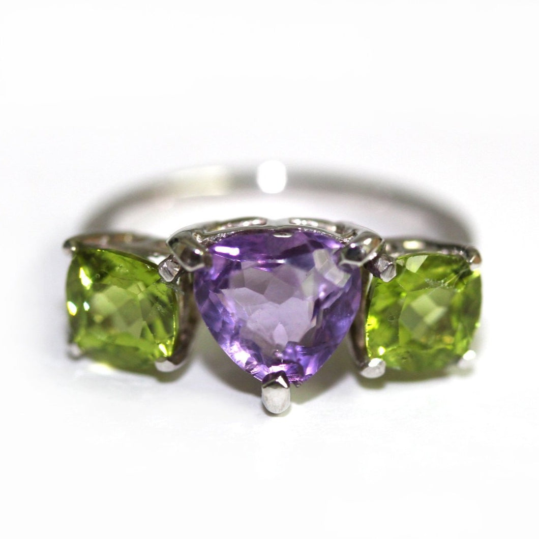 9ct White Gold Amethyst and Peridot Heart Ring