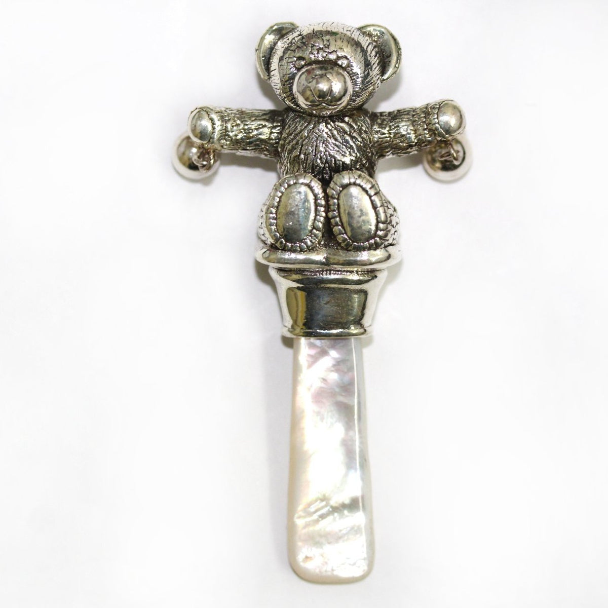 Sterling Silver Mother of Pearl Teddy Rattle