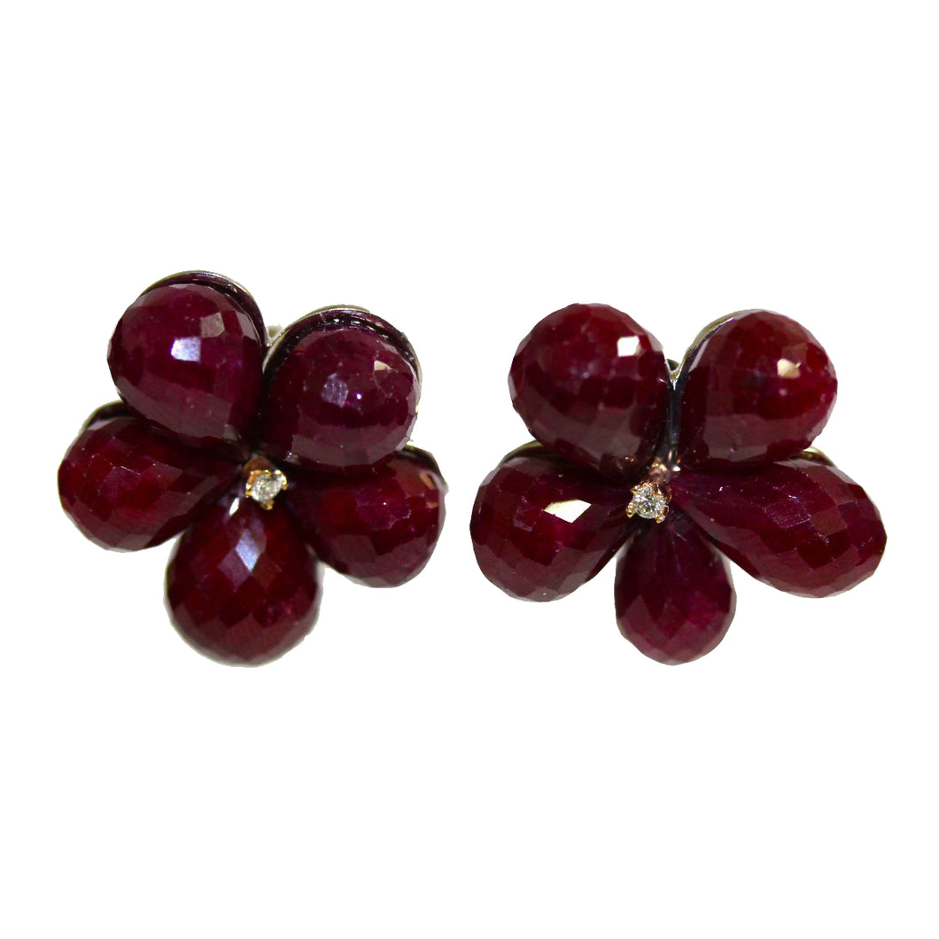 9ct Yellow Gold Ruby Briolette and Diamond Stud Earrings
