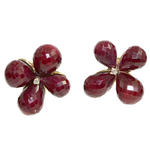 9ct Yellow Gold Ruby Briolette and Diamond Stud Earrings