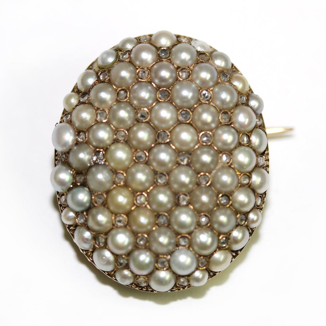 Victorian Seed Pearl Old Cut Diamond 9ct Gold Brooch