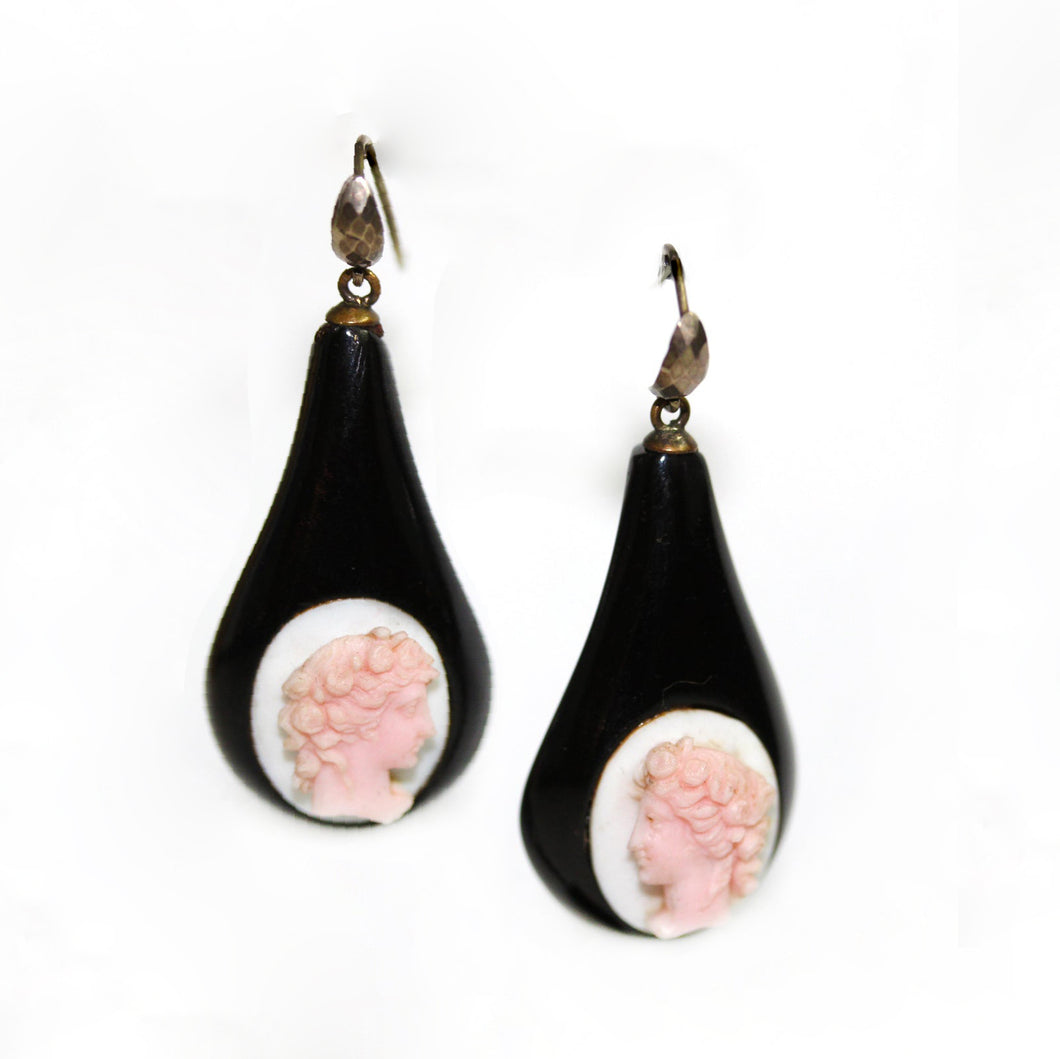 Vintage Whitby Jet and Pink Conch Shell Cameo Earrings