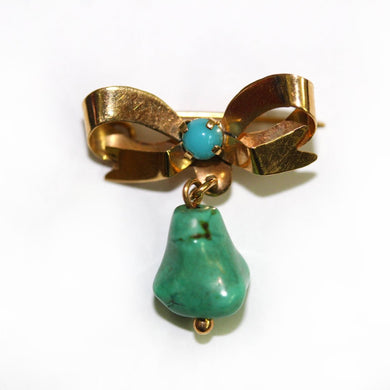 Antique 9ct Yellow Gold Turquoise Bow Brooch