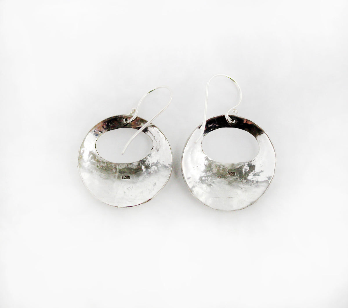 Sterling Silver Circular Hammered Texture Drop Earrings