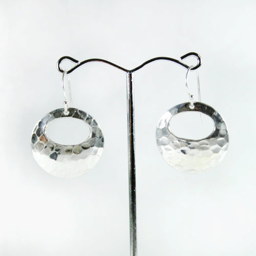 Sterling Silver Circular Hammered Texture Drop Earrings