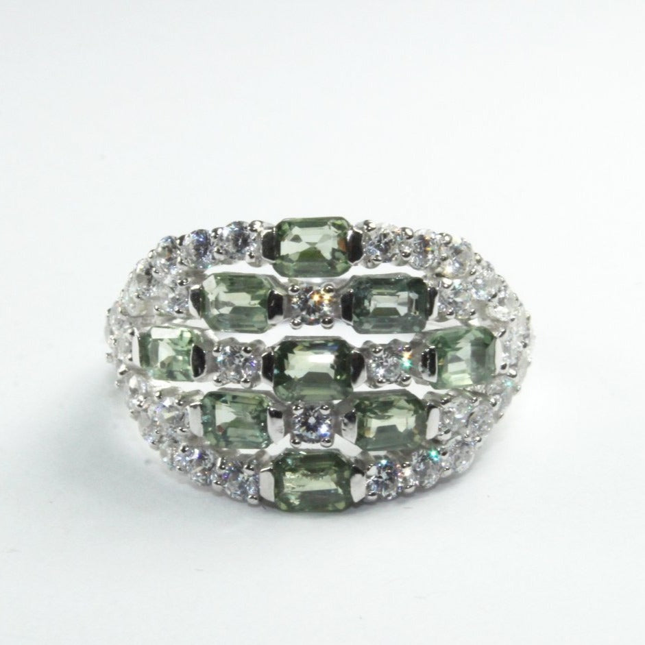 Sterling Silver Green Sapphire and Cubic Zirconia Dress Ring