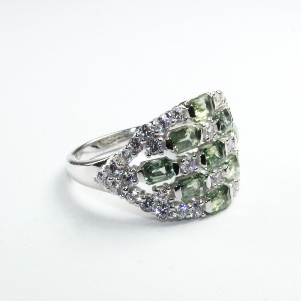 Sterling Silver Green Sapphire and Cubic Zirconia Dress Ring