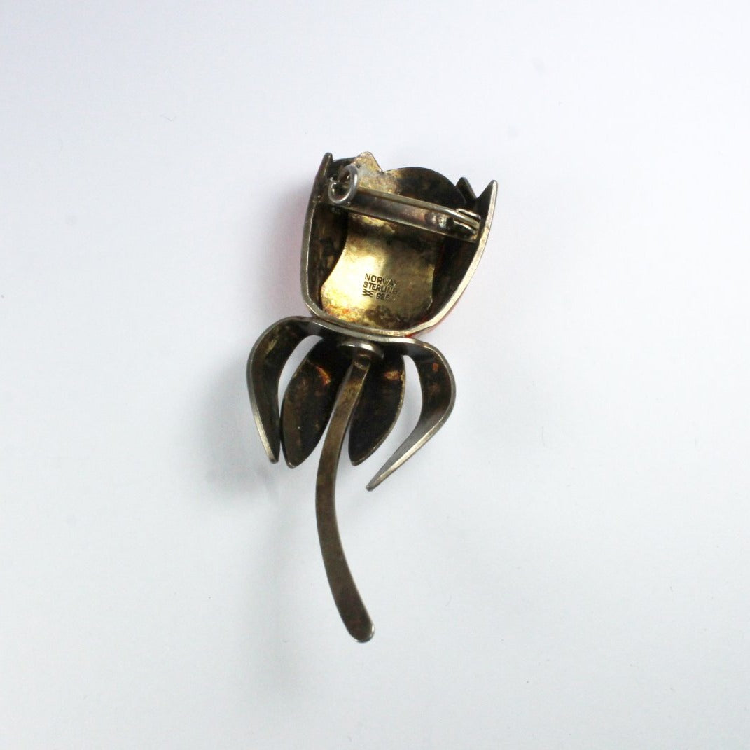 Vintage Norwegian Sterling Silver Enamel Tulip Brooch