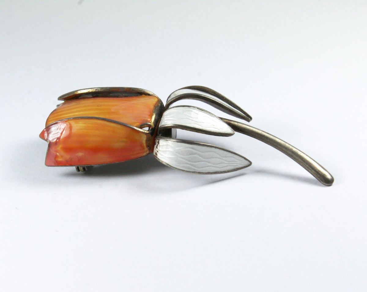 Vintage Norwegian Sterling Silver Enamel Tulip Brooch