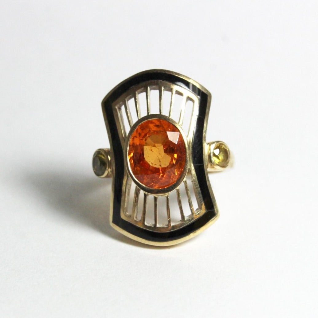 9ct Yellow Gold Spessartite Garnet, Yellow Diamond and Black Onyx Cocktail Ring