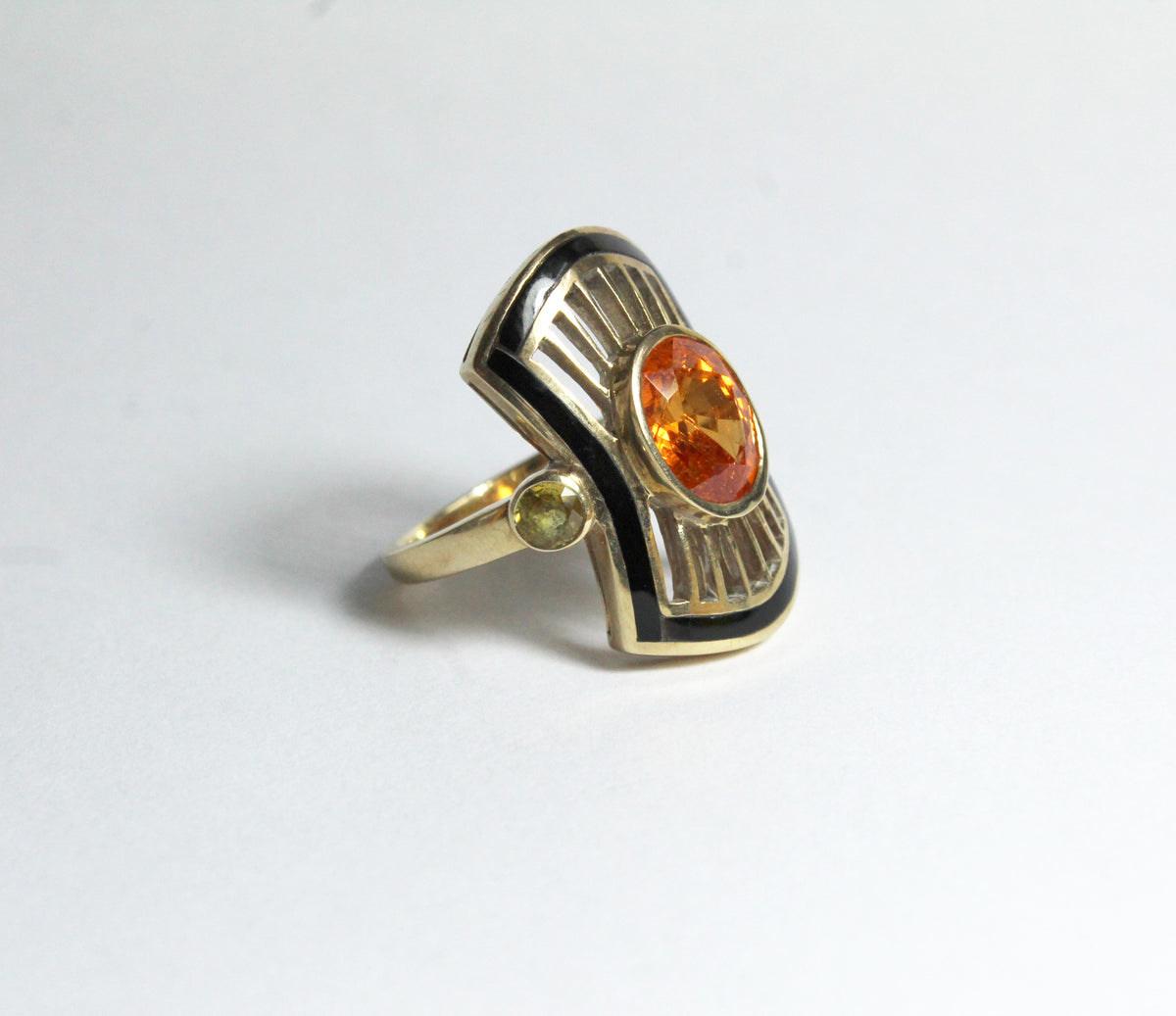 9ct Yellow Gold Spessartite Garnet, Yellow Diamond and Black Onyx Cocktail Ring