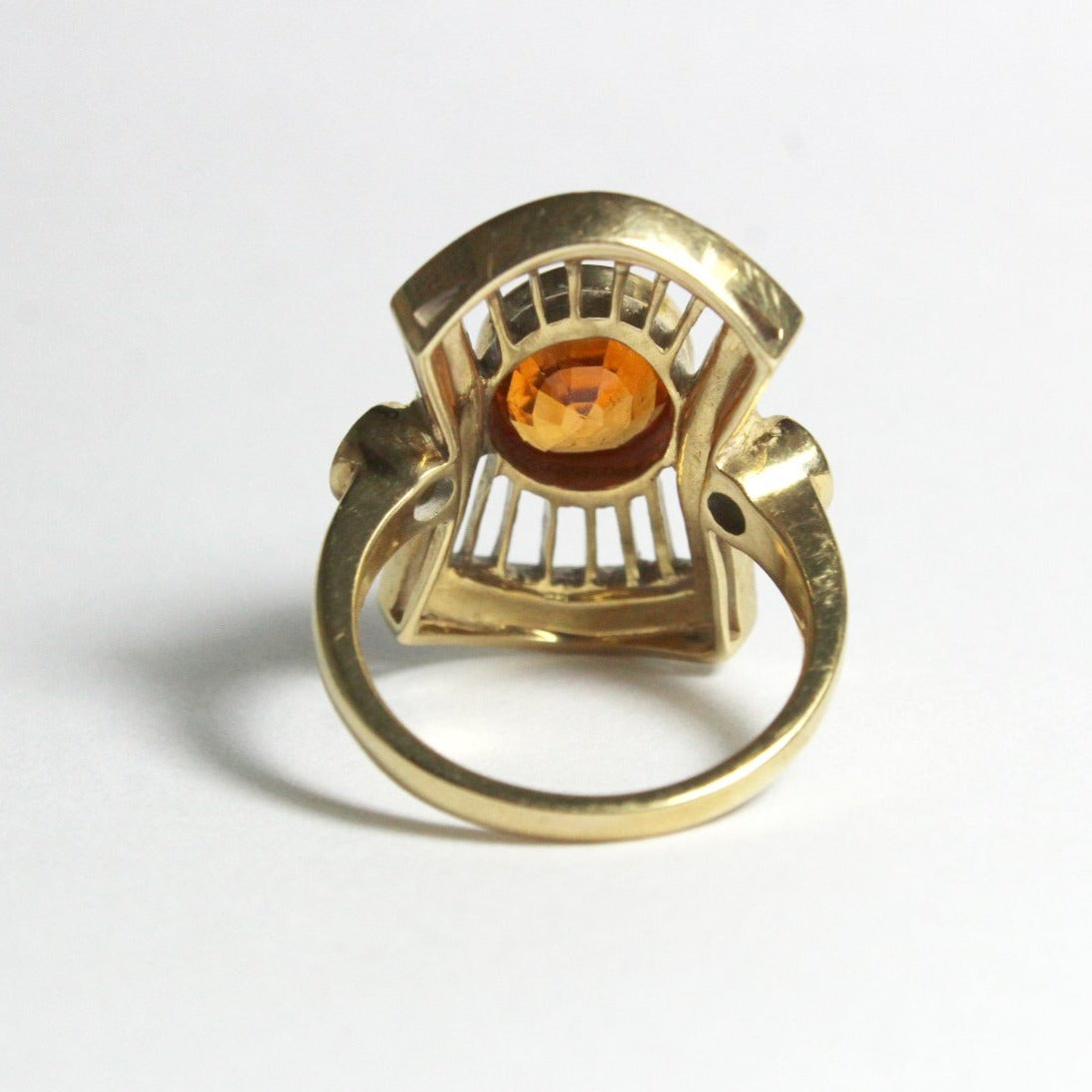 9ct Yellow Gold Spessartite Garnet, Yellow Diamond and Black Onyx Cocktail Ring