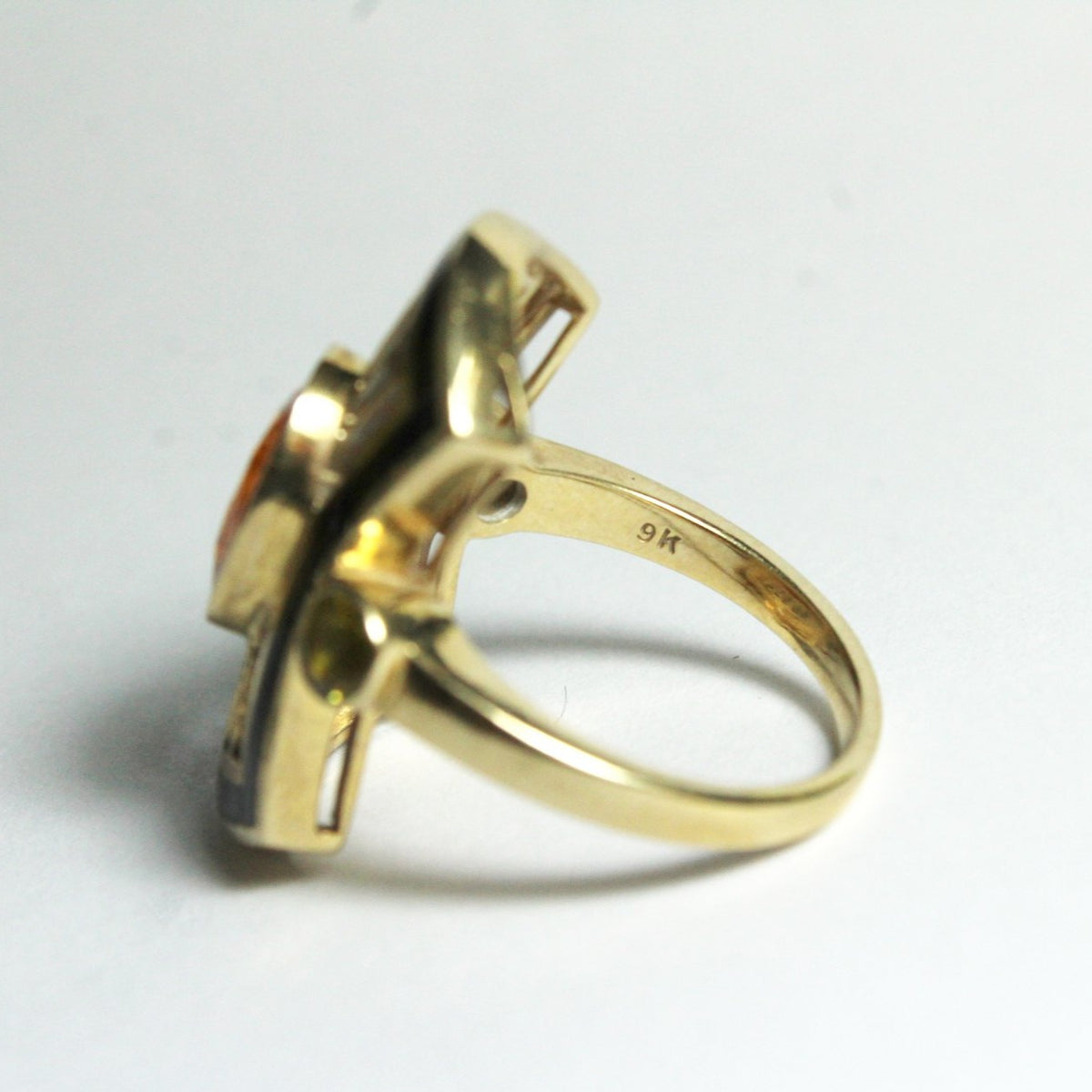 9ct Yellow Gold Spessartite Garnet, Yellow Diamond and Black Onyx Cocktail Ring