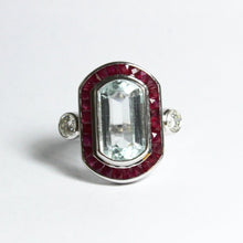 9ct White Gold 4.6ct Aquamarine, Diamond and Ruby Cocktail Ring
