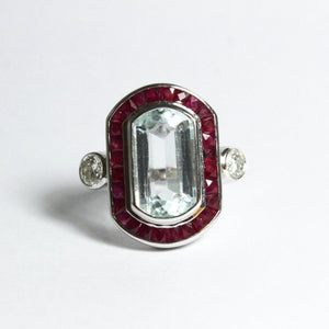 9ct White Gold 4.6ct Aquamarine, Diamond and Ruby Cocktail Ring