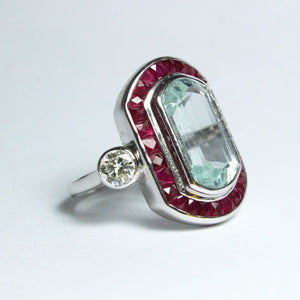 9ct White Gold 4.6ct Aquamarine, Diamond and Ruby Cocktail Ring