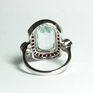9ct White Gold 4.6ct Aquamarine, Diamond and Ruby Cocktail Ring