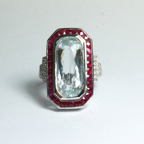 Aquamarine, Ruby and Diamond Cocktail Ring