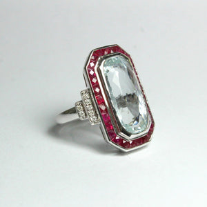 Aquamarine, Ruby and Diamond Cocktail Ring