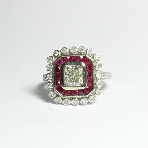 9ct White Gold Cushion Cut Diamond and Ruby Cocktail Ring