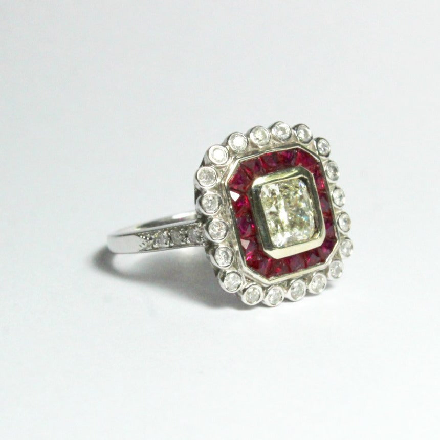 9ct White Gold Cushion Cut Diamond and Ruby Cocktail Ring