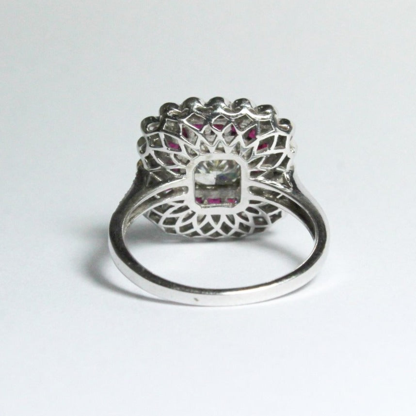 9ct White Gold Cushion Cut Diamond and Ruby Cocktail Ring
