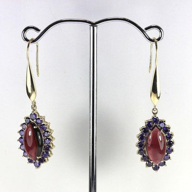 Sterling Silver Gold Plate Marquise Garnet Cabochon with Purple Crystals Drop Earrings