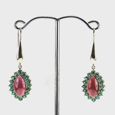 Sterling Silver Gold Plate Marquise Garnet Cabochon with Green Crystals Drop Earrings