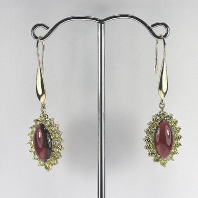 Sterling Silver Gold Plate Marquise Garnet Cabochon with Yellow Crystals Drop Earrings