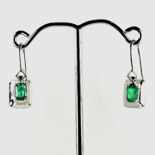 9ct White Gold Baguette Colombian Emerald Drop Earrings