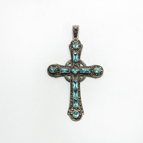 Marcasite Blue Crystal set Sterling Silver Cross