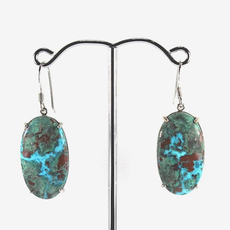 Multicoloured Chrysocolla oval gemstone claw set hook earrings