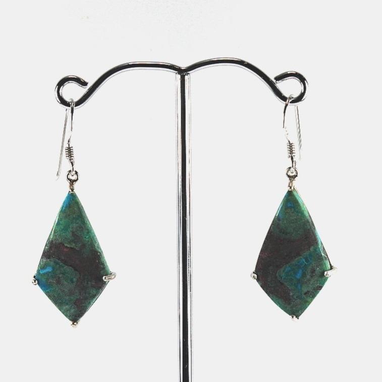 Multicoloured Chrysocolla kite shaped gemstone claw set hook earrings
