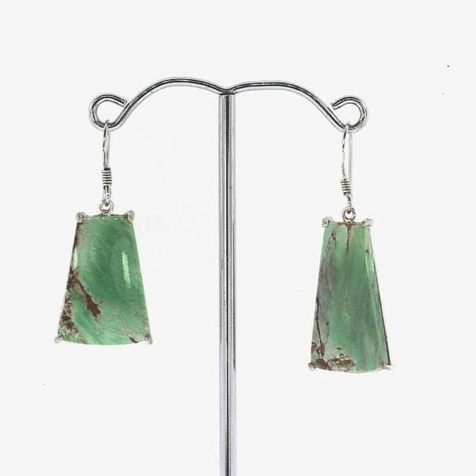 Trapezoidal shaped green gemstone claw set hook earrings