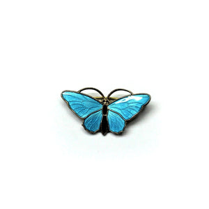 Vintage Sterling Silver Light Blue and Black Enamel Butterfly Brooch