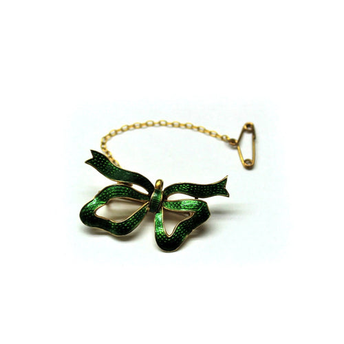 Vintage Sterling Silver Emerald Green Ribbon Brooch