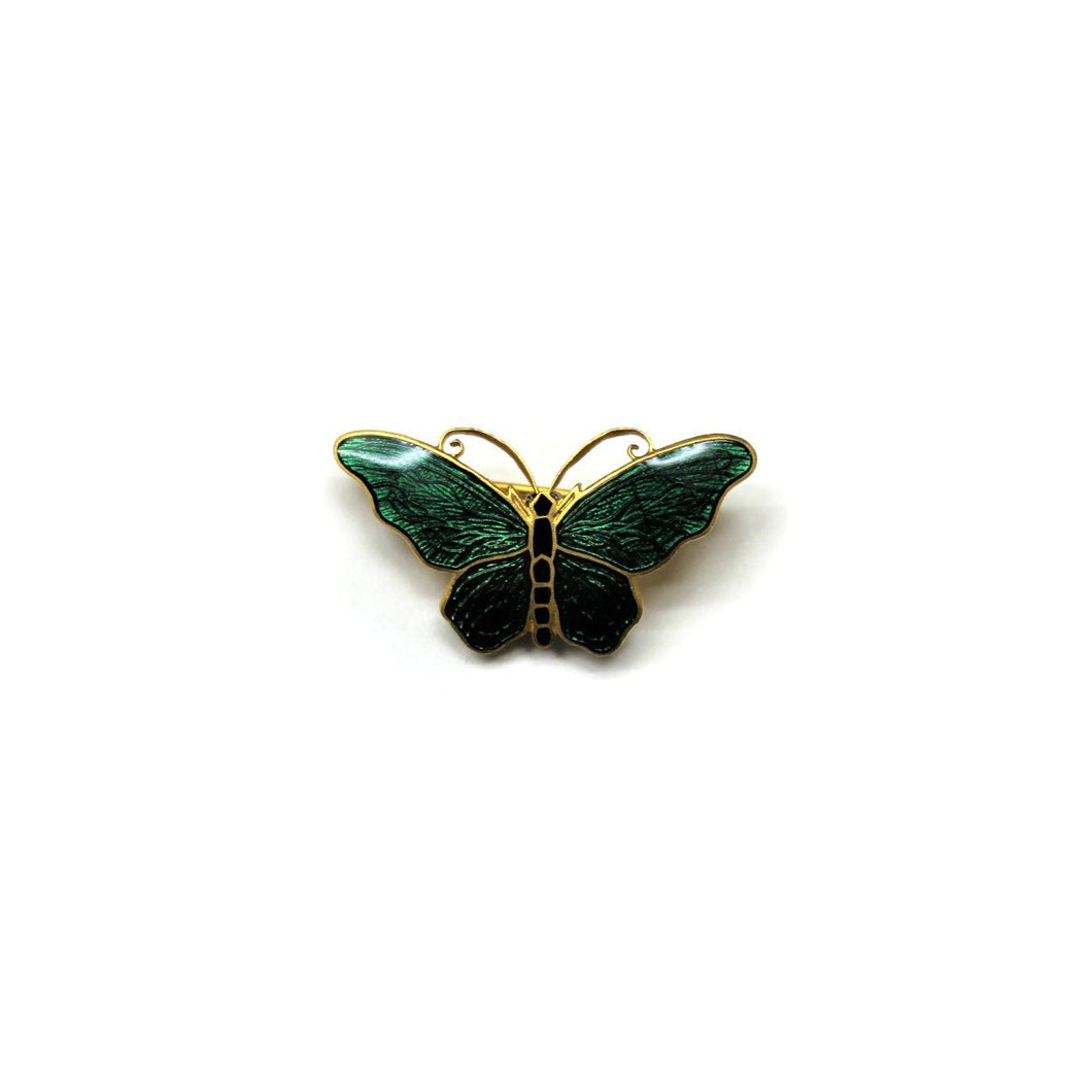 Vintage Sterling Silver Green and Black Enamel Butterfly Brooch