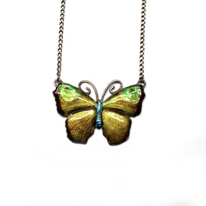 Vintage Sterling Silver Blended Green and Yellow Enamel Butterfly Pendant