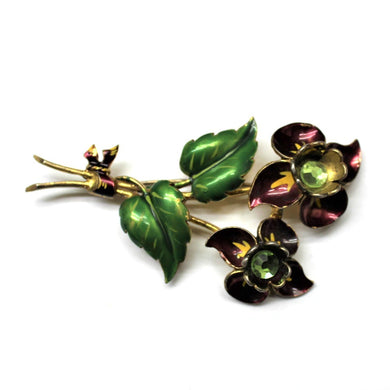 Vintage Black Tulip, Enamel and Crystal Flower Brooch