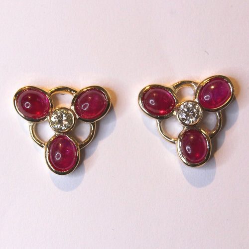 Cabochon Ruby and Diamond Trinity Stud Earrings