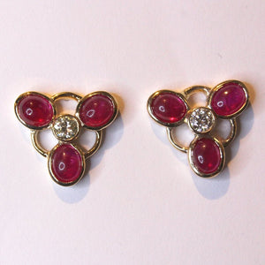 Cabochon Ruby and Diamond Trinity Stud Earrings