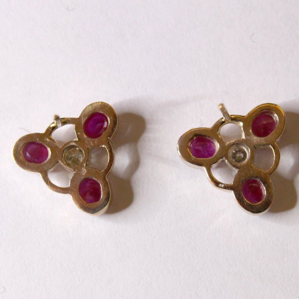 Cabochon Ruby and Diamond Trinity Stud Earrings